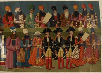 Añadir Or. 1241 La corte de Fath Ali Shah con los enviados británicos Sir John Malcolm, Sir Harford Jones Brydges y Sir Gore Ouseley. Imagen parcial del Mural del Palacio de Nigaristán