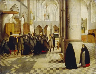 Servicio de iglesia. Pintura de Abel Grimmer (1570-1619), óleo sobre madera