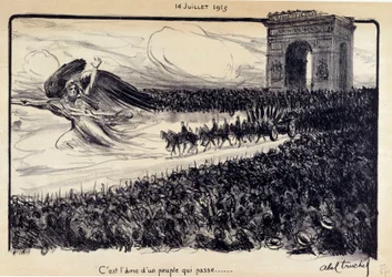 Primera Guerra Mundial: “Es el alma de un pueblo que pasa” Celebración del 14/07/1915. La alegoría de la República guiando al pueblo ante el Arco de Triunfo en París. Dibujo de Abel Truchet (1857-1918)