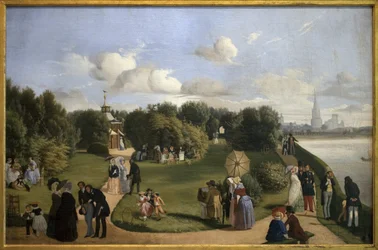 Vista de La Rochelle (jardín de los baños Marie-Thérèse). Personajes de la burguesía en un parque: pareja charlando en un banco, hombres saludando a damas, niño jugando con un aro. Pintura de Alexandre Abel de Pujol (1785-1861)