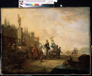 ""Viajeros a caballo"" (Riders) Una familia en un viaje por carretera en un paisaje del Medio Oriente. Pintura de Abraham Begeyn (1637-1697) Museo de Arte Mikhail Kroshitsky del siglo XVII, Sebastopol (Sebastopol) Ucrania