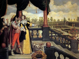 Los cinco sentidos: el olfato. Una pareja de nobles frente a un jardín, el hombre huele un ramo de flores. Pintura de Abraham Bosse (1602-1674) siglo XVII. Tours, Museo de Bellas Artes