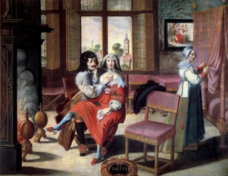 Los cinco sentidos: el tacto. Una pareja acariciándose. Pintura de Abraham Bosse (1602-1674) siglo XVII. Tours, Museo de Bellas Artes