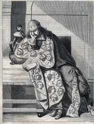El hombre lleno de malicia: un hombre con un abrigo doble de cabezas de mujeres medita con un mono a su lado. Reproducción de una estampa de Abraham Bosse (1604-1676)