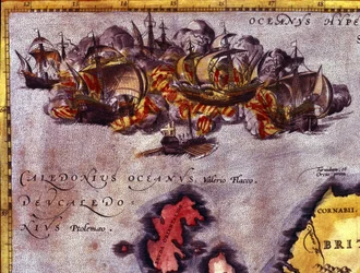 El fin de la Armada Invencible frente a Escocia. Según el Atlas de Abraham Ortelius, Amberes