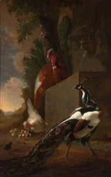 Un pavo real, pavo y gallina con sus polluelos junto a una fuente clásica en un paisaje