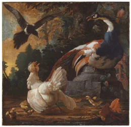 Un pavo real, aves de corral y una urraca en un paisaje, 1720