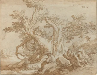Paisaje con figura sentada y perro