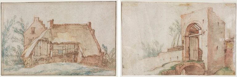 Cabaña de campesino (recto); Puente y puerta (verso)