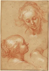 Tres estudios de mujeres (anverso); cuatro estudios de manos y una contraprueba de un joven arrodillado (reverso)