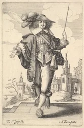Un caballero caminando hacia adelante, con su brazo derecho extendido y un látigo en su mano izquierda, 1629