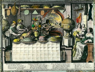 Una pastelería en el siglo XVII: el obrador trasero donde panaderos y pasteleros preparan y hornean pasteles y panes, y clientes en la tienda. Un molde para pasteles cuelga en la pared. Grabado de Abraham Bosse (1602-1676)