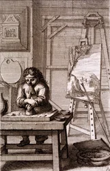 Aprendiz de artista limpiando una placa de grabado, de 