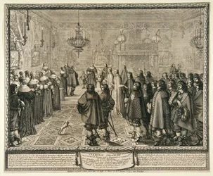 Ceremonia de aprobación del contrato matrimonial de Władysław IV y María Luisa Gonzaga en Fontainebleau.