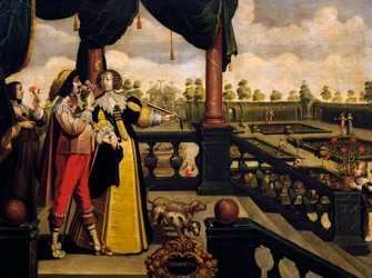 Sentido del olfato, ca 1635, por Abraham Bosse, después de una pintura de una serie de 5 por un artista desconocido, Francia