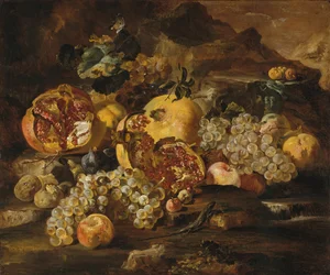 Granadas y otras frutas en un paisaje