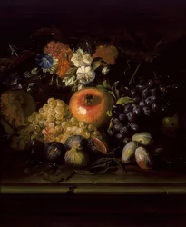 Naturaleza muerta con flores y frutas
