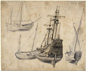 Hoja de estudio con un tres mástiles y barcos