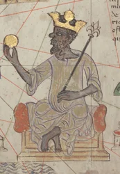 Detalle del Atlas catalán, hoja 6, con Mansa Musa entronizado, 1375