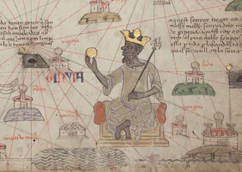 (detalle) del Atlas Catalán, Hoja 6, mostrando a Mansa Musa entronizado, 1375
