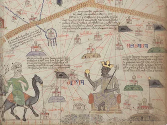 (detalle) del Atlas Catalán, Hoja 6, mostrando el Sahara Occidental y Mansa Musa, 1375