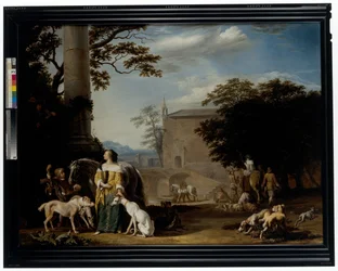 Paisaje boscoso con cazadores y sus animales descansando en un abrevadero.