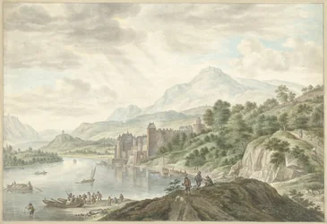 Paisaje de colinas con un castillo en un río