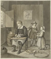 Interior con hombre limpiando pescado y dos niños