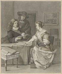Pareja haciendo música, un hombre mira