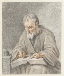 Anciano, escribiendo en un libro