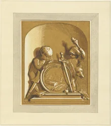 Putti de pie por medallón con tumba, en nicho
