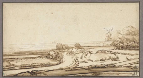 Paisaje ondulado con carretera y casa al borde del bosque