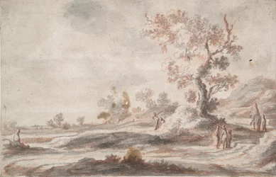 paisaje con árbol viejo y figuras