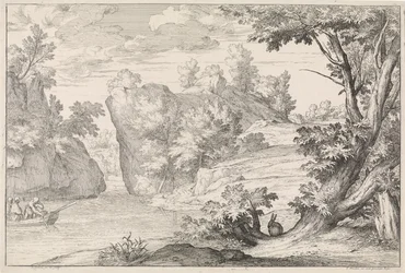 Paisaje de río con una liebre.