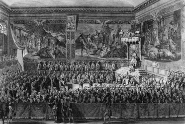 Primera de la Revolución Francesa: Cama de Justicia celebrada en Versalles el 6 de agosto de 1787 por el Rey de Francia Luis XVI. Dibujo y grabado por Abraham Girardet. París, Biblioteca del Instituto de Historia de la Revolución