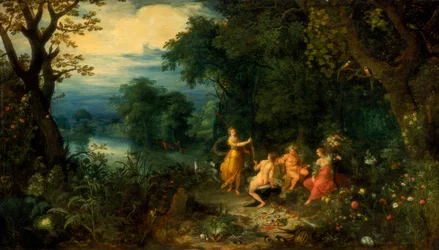 Un paisaje con bosque, Diana ofrece una liebre a una ninfa, Sileno y Ceres en primer plano, c1614