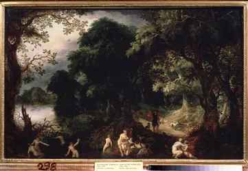 ""Diane et Acteon"" (Diana y Acteón) Diana sorprendida en el baño por el cazador Acteón. Pintura de Abraham Govaerts (1589-1626) circa 1620 Museo Pushkin de Moscú