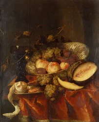 Fruta en un cuenco de porcelana Wanli Kraak con un plato de vidrio, melón y peltre (aceite)