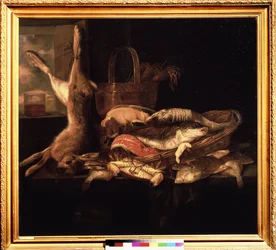 "Bodegón con peces y una liebre muerta" Pintura de Abraham Hendricksz van Beyeren (1620/21-1690) (ec. holl.) Museo Pushkin del siglo XVII, Moscú