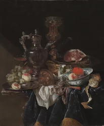 Jarra de vino de plata, jamón y fruta, c.1660-1666