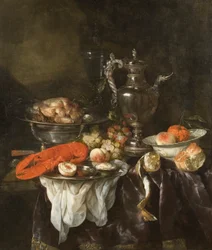 Naturaleza muerta con una langosta, frutas, plata y porcelana, c.1660