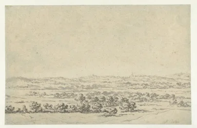 Paisaje fluvial, con una torre en la distancia
