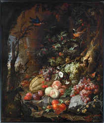 Flores, frutas, pájaros e insectos en un paisaje de ruinas ...