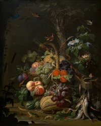 Naturaleza muerta con frutas, pescado y un nido