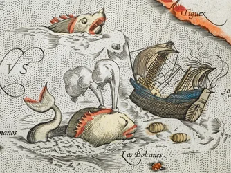 (Detalle). Monstruos marinos atacan un barco.