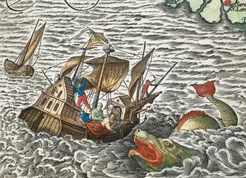 Un barco atacado por un monstruo marino de Typus orbis terrarum, por Abraham Ortelius