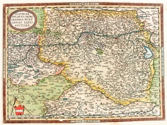 Austria Ducatus Chorographia Wolfgango Lazio Auctore Mapa geográfico del territorio de Austria con el río Danubio y la ciudad de Viena de 