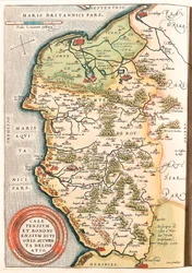 Caletensium et Bononiensium Ditionis Accurata Delineatio Mapa geográfico del territorio de Boulonnais (Condado de Boulogne), Artois y Flandes francés (Francia) incluyendo los lugares de Calais, Arches, Greuelinge, Étaples y Montreuil... tomado del Theatrum