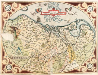 Descriptio Germaniae Inferioris Mapa geográfico del territorio de los Países Bajos Germánicos de 