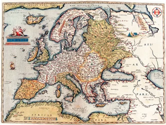 Descripción del continente europeo. Mapa geográfico de Theatrum Orbis Terrarum de Abraham Ortelius